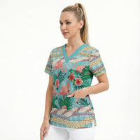 Flamingo Hawaii Summer Scrub Top Hawaiian Lei Pakala Motifs Tropical Style