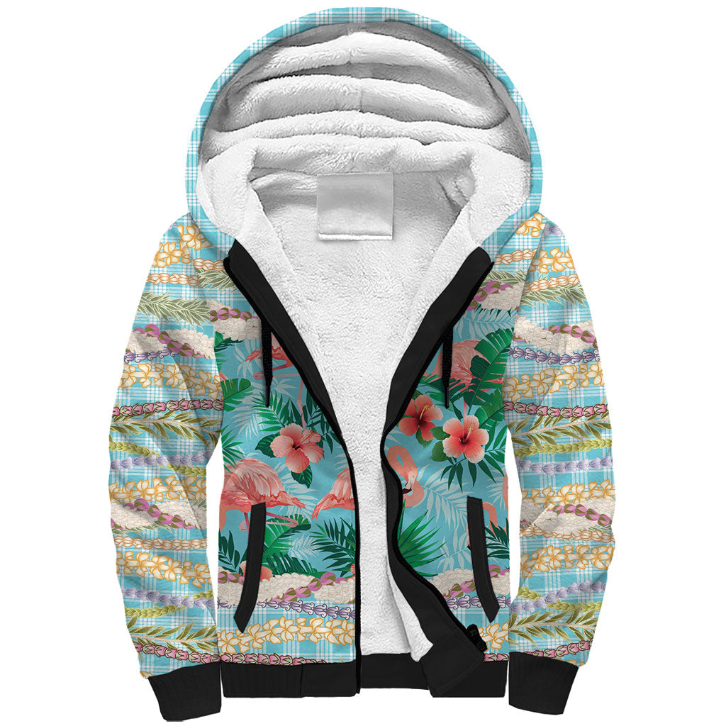 Flamingo Hawaii Summer Sherpa Hoodie Hawaiian Lei Pakala Motifs Tropical Style LT14 Unisex Cyan - Polynesian Pride