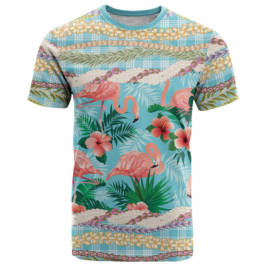 Flamingo Hawaii Summer T Shirt Hawaiian Lei Pakala Motifs Tropical Style LT14 Cyan - Polynesian Pride
