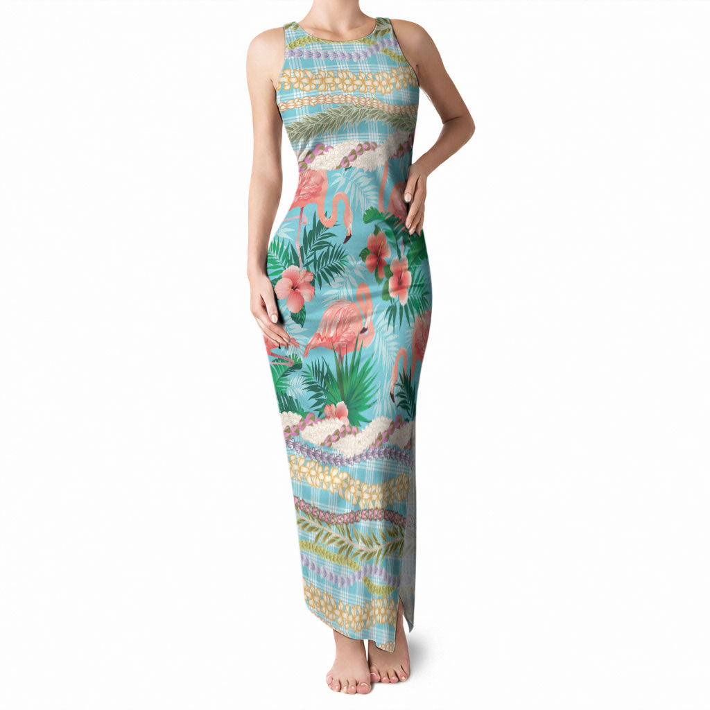 Flamingo Hawaii Summer Tank Maxi Dress Hawaiian Lei Pakala Motifs Tropical Style LT14 Women Cyan - Polynesian Pride