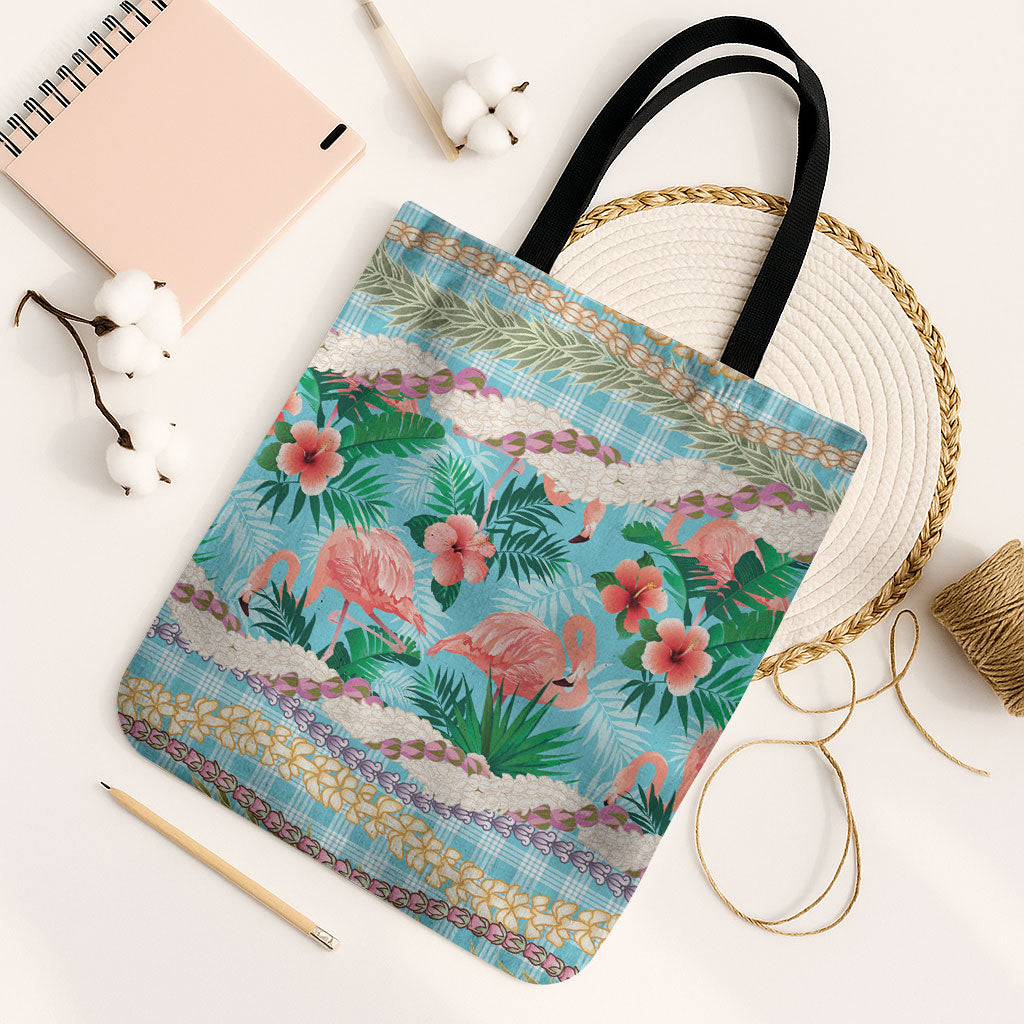 Flamingo Hawaii Summer Tote Bag Hawaiian Lei Pakala Motifs Tropical Style LT14 Black Strap One Size Cyan - Polynesian Pride