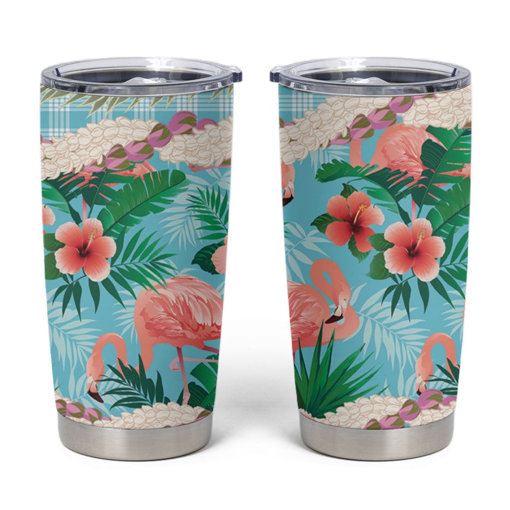 Flamingo Hawaii Summer Tumbler Cup Hawaiian Lei Pakala Motifs Tropical Style LT14 Cyan - Polynesian Pride