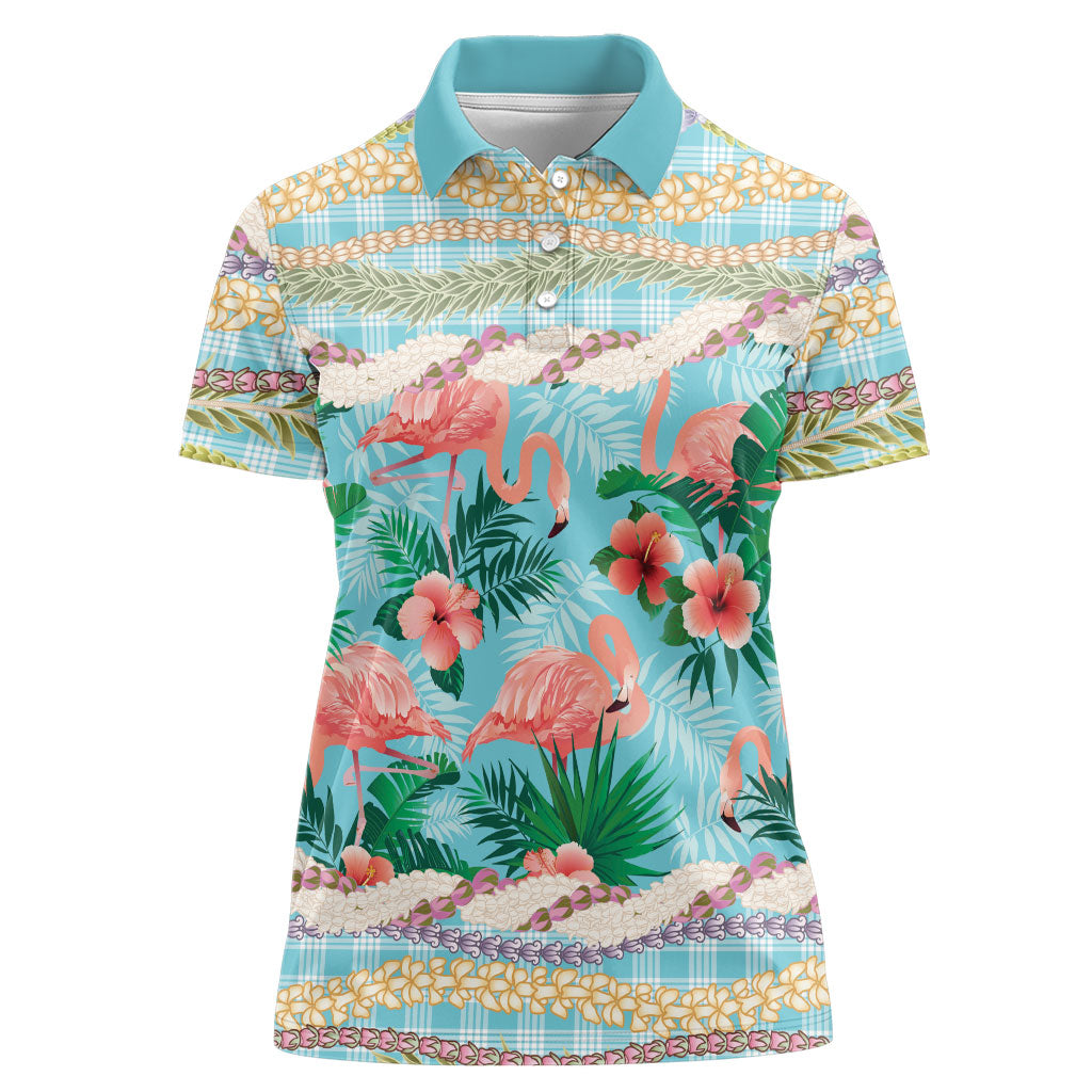 Flamingo Hawaii Summer Women Polo Shirt Hawaiian Lei Pakala Motifs Tropical Style LT14 Female Cyan - Polynesian Pride
