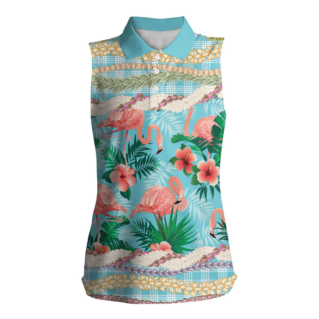 Flamingo Hawaii Summer Women Sleeveless Polo Shirt Hawaiian Lei Pakala Motifs Tropical Style LT14 Female Cyan - Polynesian Pride