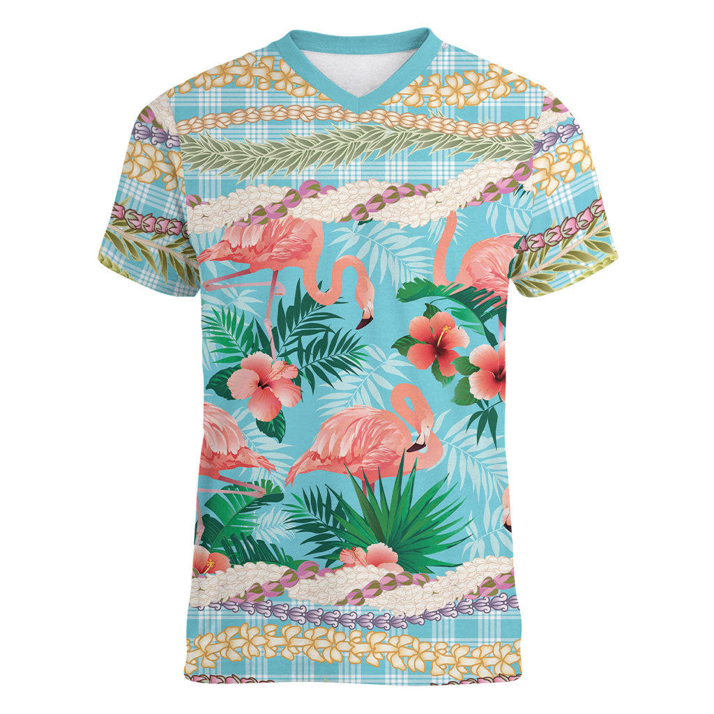 Flamingo Hawaii Summer Women V-Neck T-Shirt Hawaiian Lei Pakala Motifs Tropical Style LT14 Female Cyan - Polynesian Pride