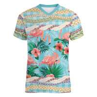 Flamingo Hawaii Summer Women V-Neck T-Shirt Hawaiian Lei Pakala Motifs Tropical Style LT14 Female Cyan - Polynesian Pride