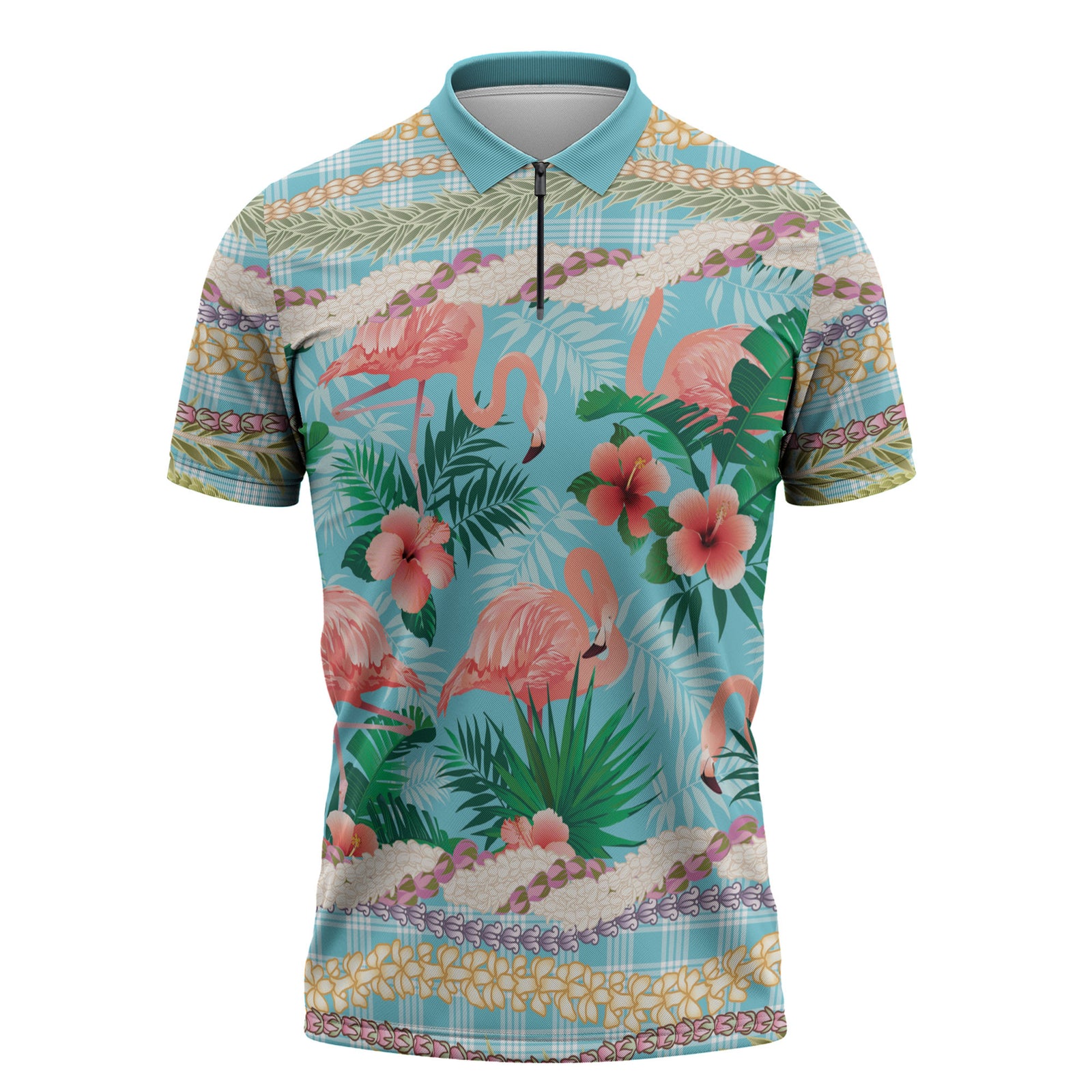 Flamingo Hawaii Summer Zipper Polo Shirt Hawaiian Lei Pakala Motifs Tropical Style LT14 Cyan - Polynesian Pride