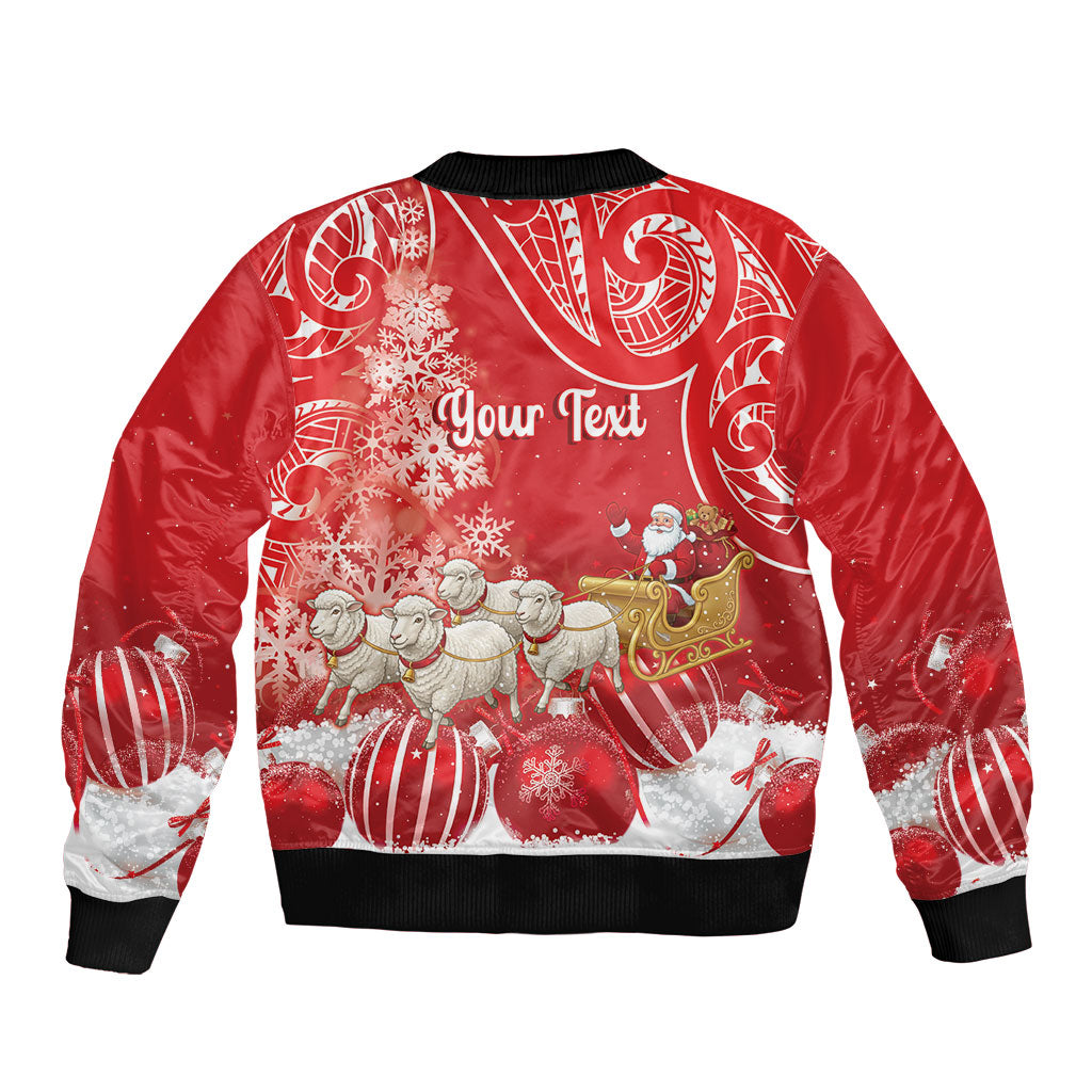 New Zealand Christmas In July Personalised Bomber Jacket Funny Santa Sheep Meri Kirihimete Red LT14 - Polynesian Pride