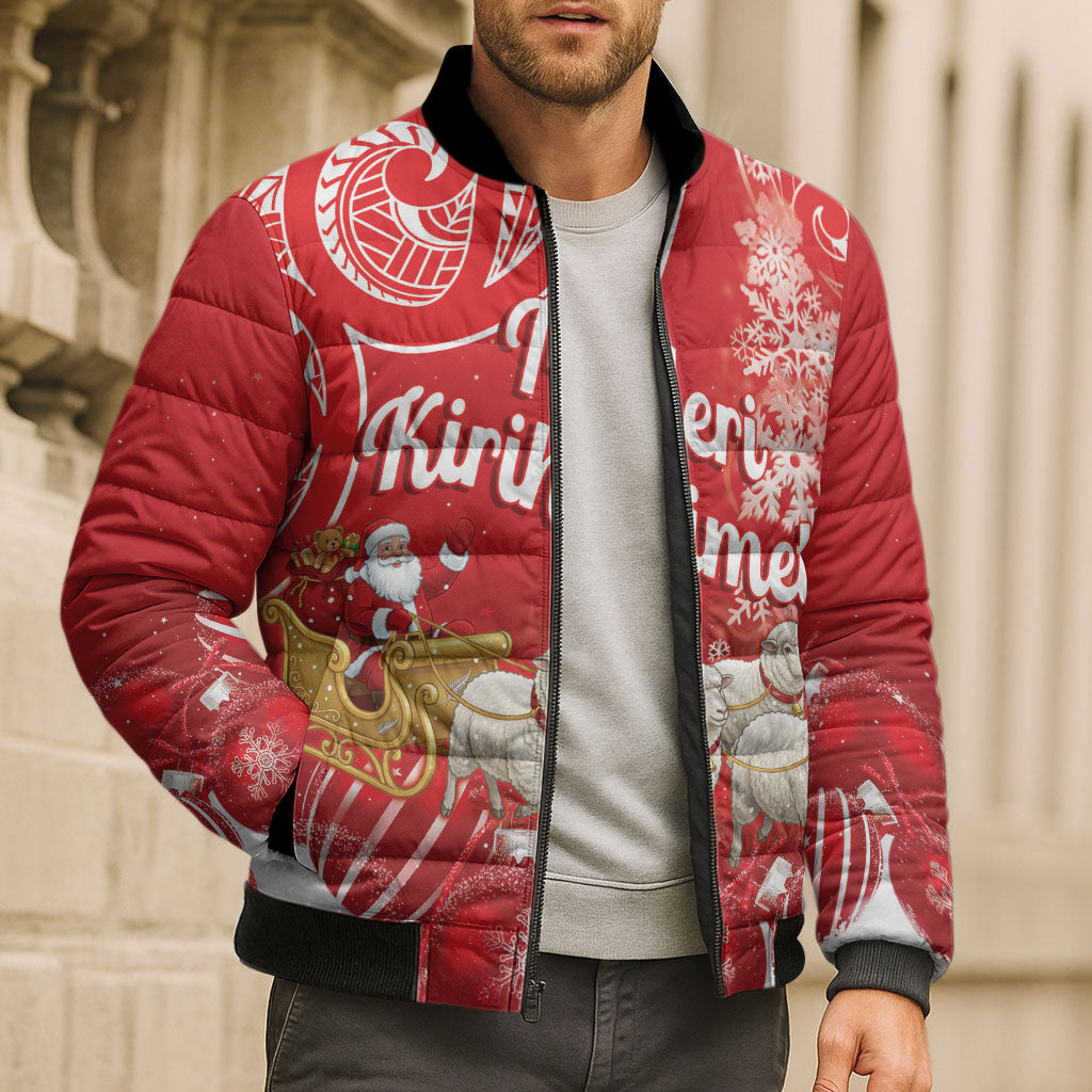 New Zealand Christmas In July Personalised Bomber Puffer Jacket Funny Santa Sheep Meri Kirihimete Red LT14 - Polynesian Pride