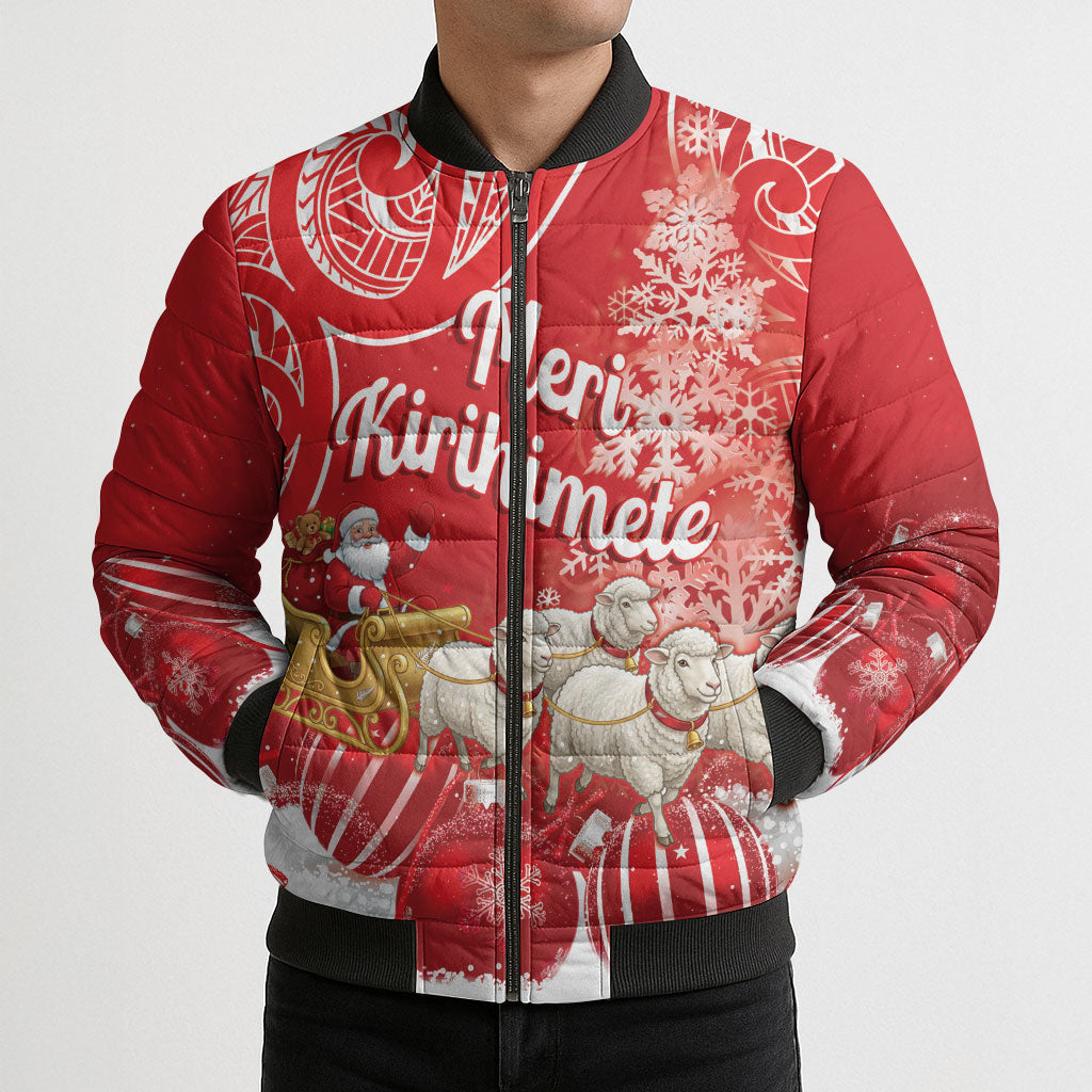 New Zealand Christmas In July Personalised Bomber Puffer Jacket Funny Santa Sheep Meri Kirihimete Red LT14 - Polynesian Pride