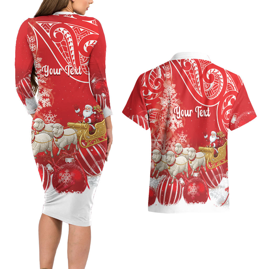 New Zealand Christmas In July Personalised Couples Matching Long Sleeve Bodycon Dress and Hawaiian Shirt Funny Santa Sheep Meri Kirihimete Red LT14 - Polynesian Pride