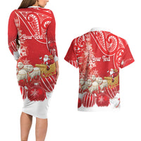 New Zealand Christmas In July Personalised Couples Matching Long Sleeve Bodycon Dress and Hawaiian Shirt Funny Santa Sheep Meri Kirihimete Red LT14 - Polynesian Pride