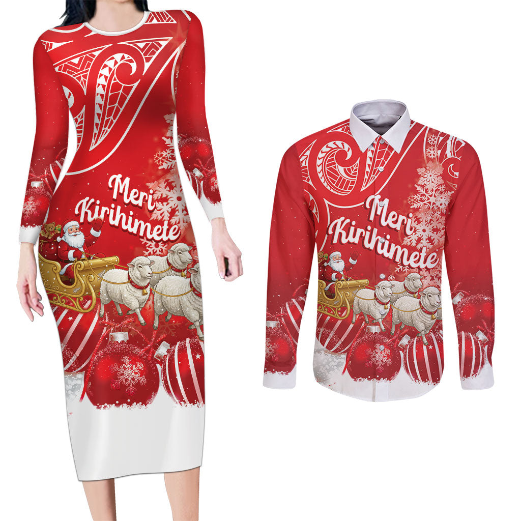 New Zealand Christmas In July Personalised Couples Matching Long Sleeve Bodycon Dress and Long Sleeve Button Shirt Funny Santa Sheep Meri Kirihimete Red LT14 Red - Polynesian Pride