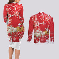 New Zealand Christmas In July Personalised Couples Matching Long Sleeve Bodycon Dress and Long Sleeve Button Shirt Funny Santa Sheep Meri Kirihimete Red LT14 - Polynesian Pride