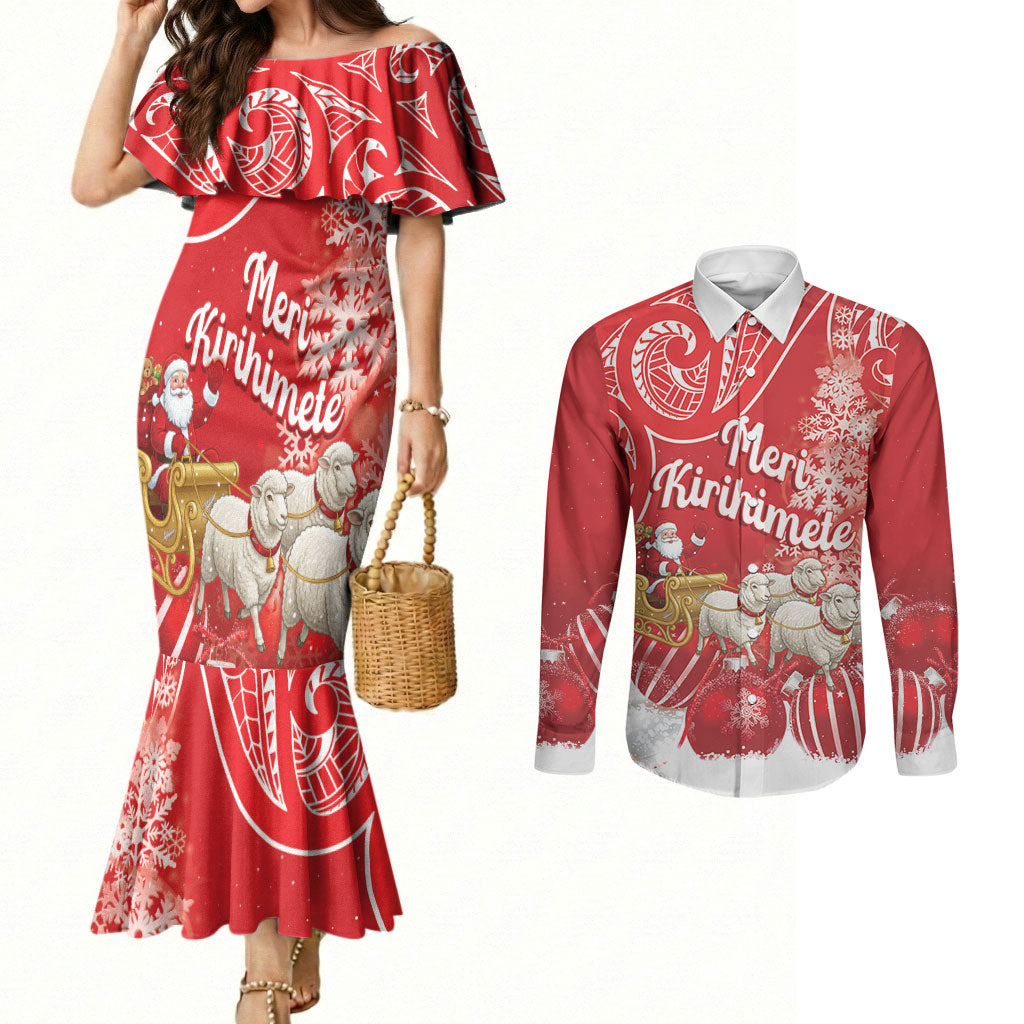 New Zealand Christmas In July Personalised Couples Matching Mermaid Dress and Long Sleeve Button Shirt Funny Santa Sheep Meri Kirihimete Red LT14 Red - Polynesian Pride