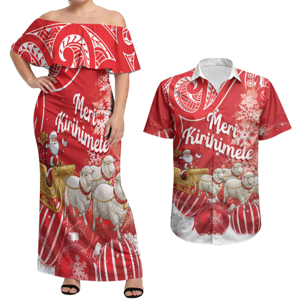 New Zealand Christmas In July Personalised Couples Matching Off Shoulder Maxi Dress and Hawaiian Shirt Funny Santa Sheep Meri Kirihimete Red LT14 Red - Polynesian Pride