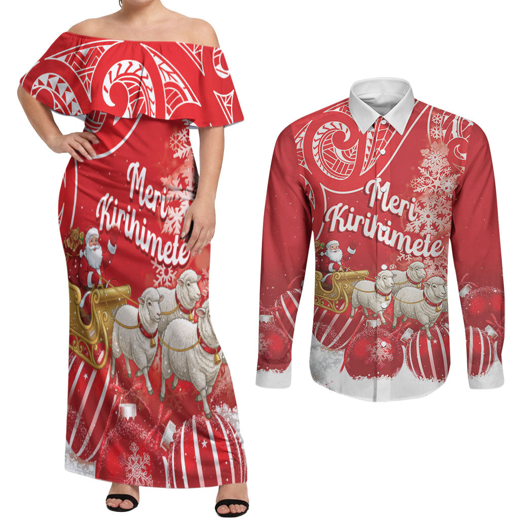 New Zealand Christmas In July Personalised Couples Matching Off Shoulder Maxi Dress and Long Sleeve Button Shirt Funny Santa Sheep Meri Kirihimete Red LT14 Red - Polynesian Pride