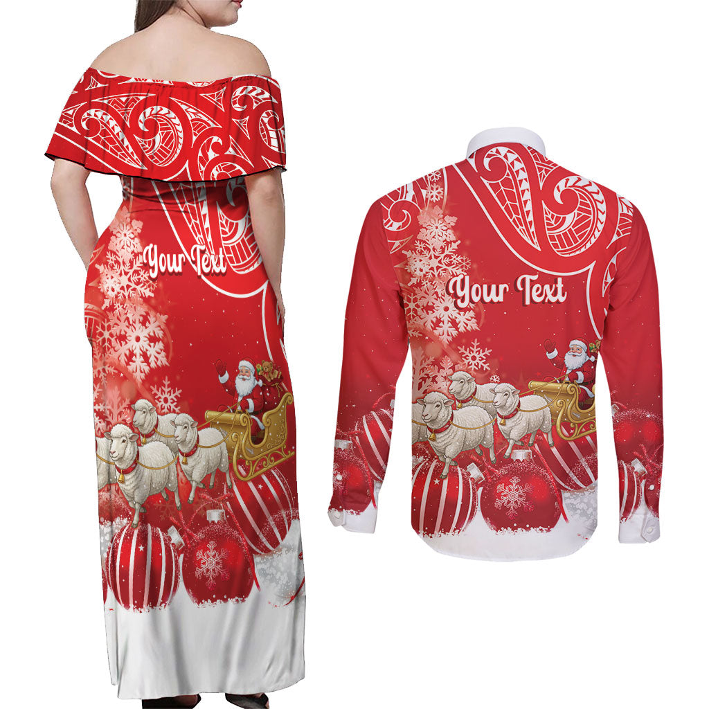 New Zealand Christmas In July Personalised Couples Matching Off Shoulder Maxi Dress and Long Sleeve Button Shirt Funny Santa Sheep Meri Kirihimete Red LT14 - Polynesian Pride