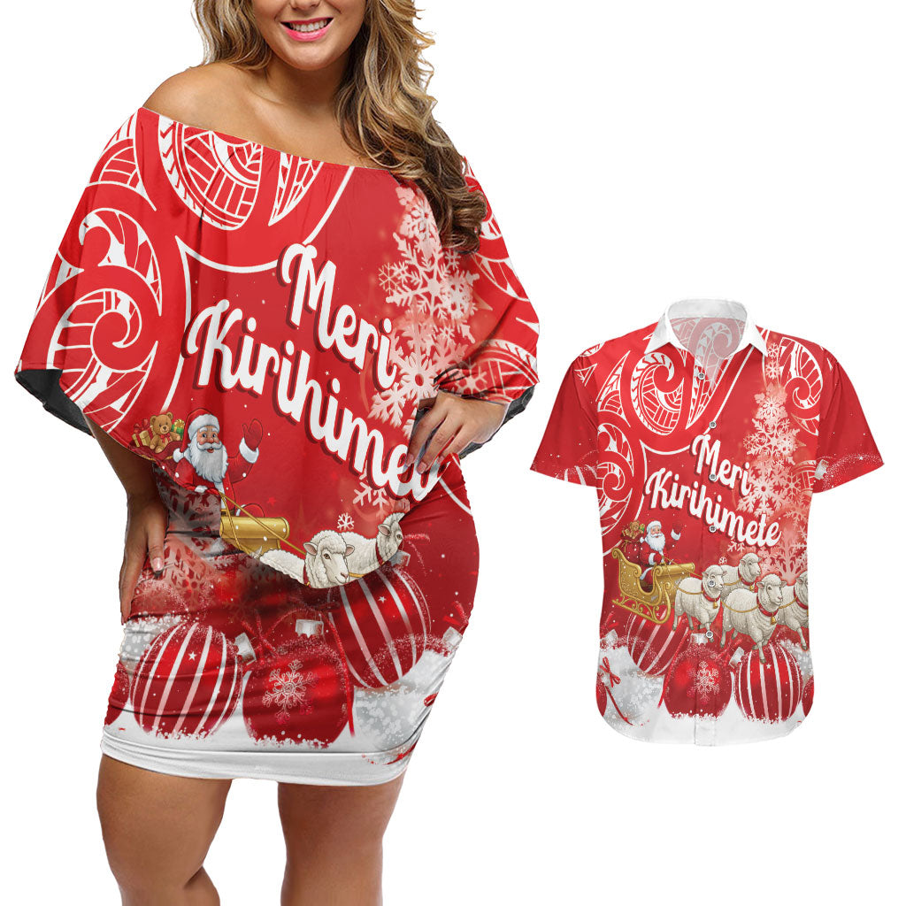 New Zealand Christmas In July Personalised Couples Matching Off Shoulder Short Dress and Hawaiian Shirt Funny Santa Sheep Meri Kirihimete Red LT14 Red - Polynesian Pride