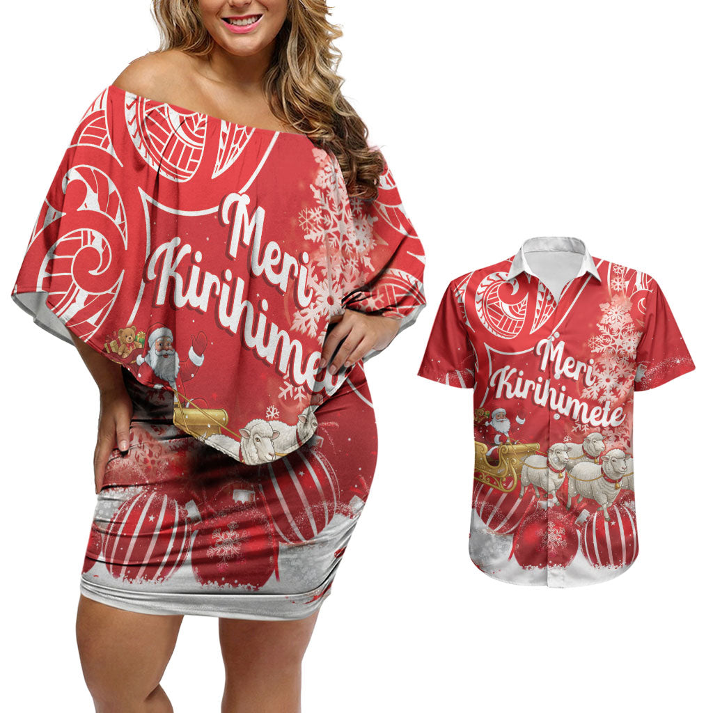 New Zealand Christmas In July Personalised Couples Matching Off Shoulder Short Dress and Hawaiian Shirt Funny Santa Sheep Meri Kirihimete Red LT14 Red - Polynesian Pride