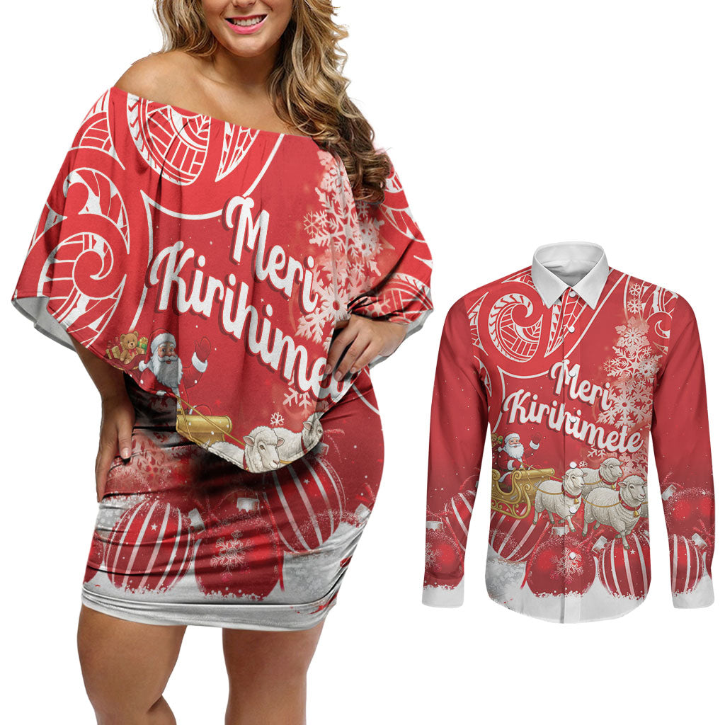 New Zealand Christmas In July Personalised Couples Matching Off Shoulder Short Dress and Long Sleeve Button Shirt Funny Santa Sheep Meri Kirihimete Red LT14 Red - Polynesian Pride