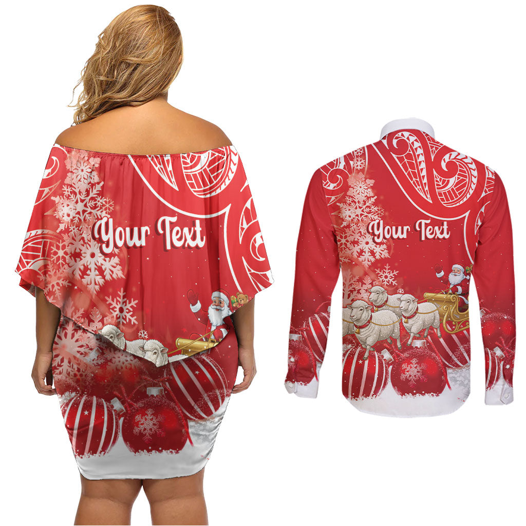 New Zealand Christmas In July Personalised Couples Matching Off Shoulder Short Dress and Long Sleeve Button Shirt Funny Santa Sheep Meri Kirihimete Red LT14 - Polynesian Pride