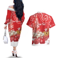 New Zealand Christmas In July Personalised Couples Matching Off The Shoulder Long Sleeve Dress and Hawaiian Shirt Funny Santa Sheep Meri Kirihimete Red LT14 - Polynesian Pride