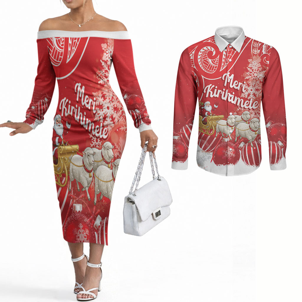 New Zealand Christmas In July Personalised Couples Matching Off The Shoulder Long Sleeve Dress and Long Sleeve Button Shirt Funny Santa Sheep Meri Kirihimete Red LT14 Red - Polynesian Pride