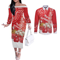 New Zealand Christmas In July Personalised Couples Matching Off The Shoulder Long Sleeve Dress and Long Sleeve Button Shirt Funny Santa Sheep Meri Kirihimete Red LT14 Red - Polynesian Pride