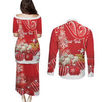 New Zealand Christmas In July Personalised Couples Matching Puletasi and Long Sleeve Button Shirt Funny Santa Sheep Meri Kirihimete Red LT14 - Polynesian Pride