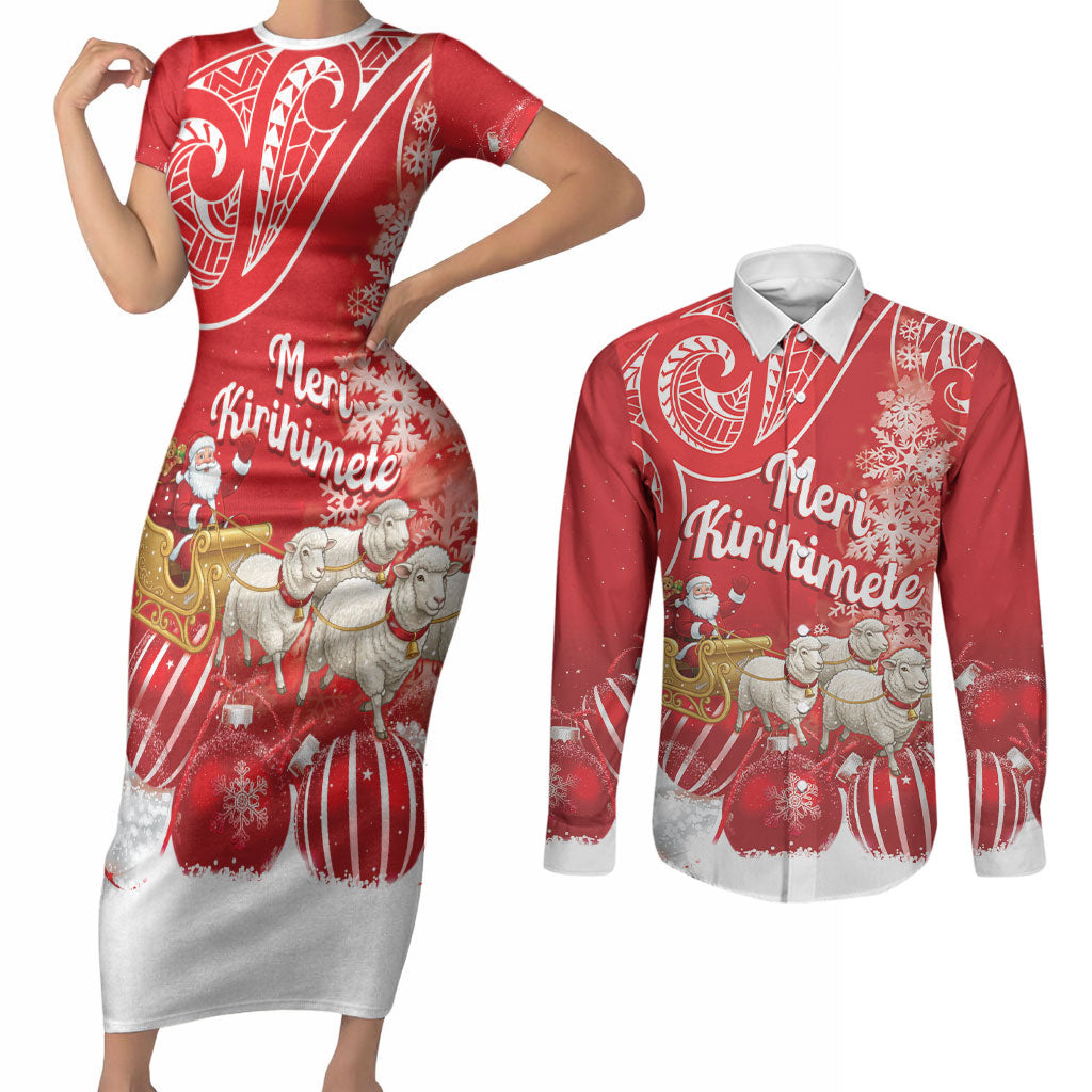 New Zealand Christmas In July Personalised Couples Matching Short Sleeve Bodycon Dress and Long Sleeve Button Shirt Funny Santa Sheep Meri Kirihimete Red LT14 Red - Polynesian Pride