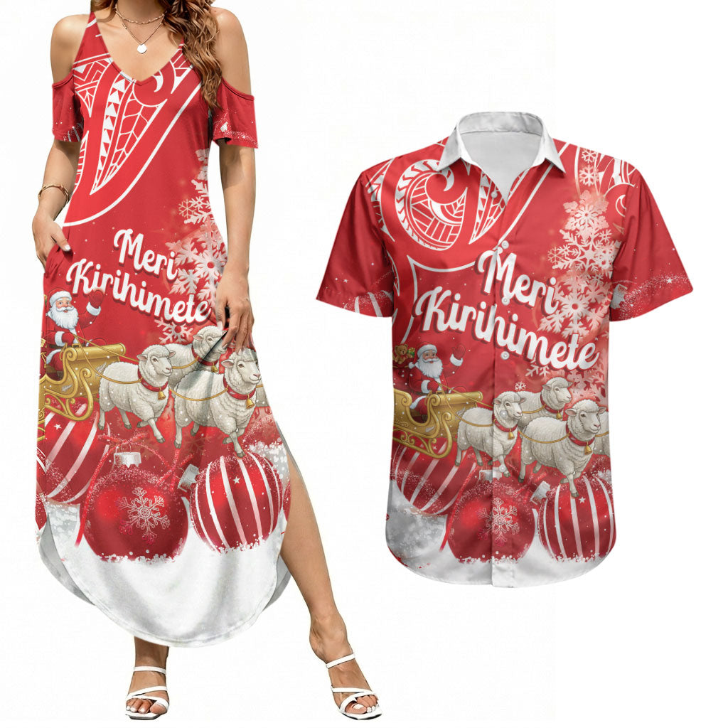 New Zealand Christmas In July Personalised Couples Matching Summer Maxi Dress and Hawaiian Shirt Funny Santa Sheep Meri Kirihimete Red LT14 Red - Polynesian Pride