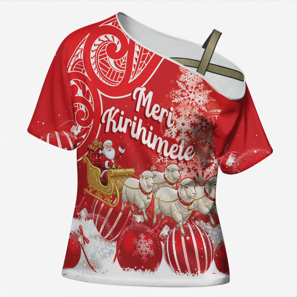 New Zealand Christmas In July Personalised Cross Shoulder Shirt Funny Santa Sheep Meri Kirihimete Red LT14 Female Red - Polynesian Pride