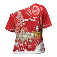 New Zealand Christmas In July Personalised Cross Shoulder Shirt Funny Santa Sheep Meri Kirihimete Red LT14 - Polynesian Pride