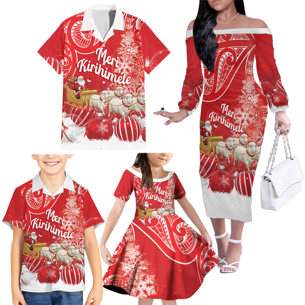 New Zealand Christmas In July Personalised Family Matching Off The Shoulder Long Sleeve Dress and Hawaiian Shirt Funny Santa Sheep Meri Kirihimete Red LT14 - Polynesian Pride