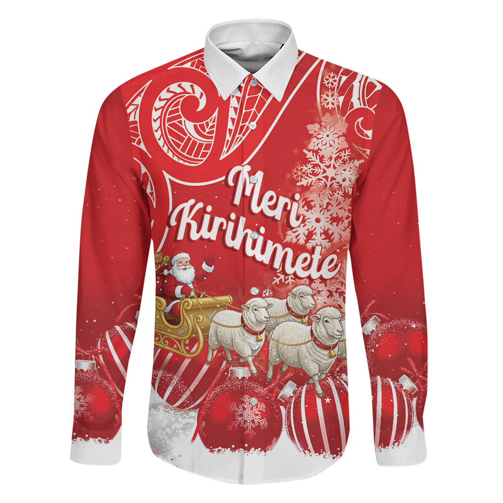 New Zealand Christmas In July Personalised Family Matching Off The Shoulder Long Sleeve Dress and Hawaiian Shirt Funny Santa Sheep Meri Kirihimete Red LT14 Dad's Shirt - Long Sleeve Red - Polynesian Pride