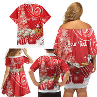 New Zealand Christmas In July Personalised Family Matching Off Shoulder Short Dress and Hawaiian Shirt Funny Santa Sheep Meri Kirihimete Red LT14 - Polynesian Pride