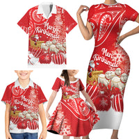 New Zealand Christmas In July Personalised Family Matching Short Sleeve Bodycon Dress and Hawaiian Shirt Funny Santa Sheep Meri Kirihimete Red LT14 - Polynesian Pride