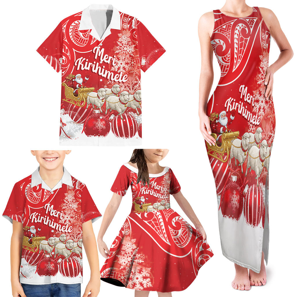 New Zealand Christmas In July Personalised Family Matching Tank Maxi Dress and Hawaiian Shirt Funny Santa Sheep Meri Kirihimete Red LT14 - Polynesian Pride