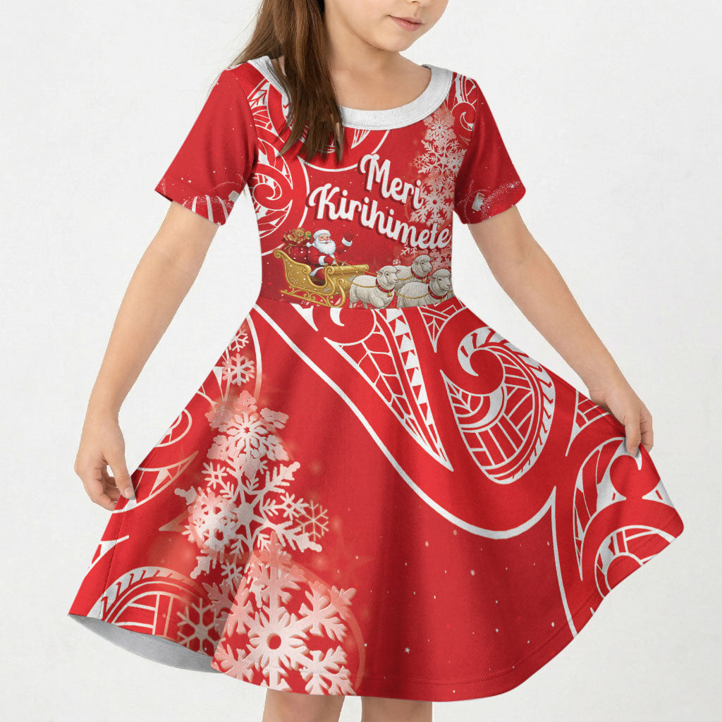 New Zealand Christmas In July Personalised Kid Short Sleeve Dress Funny Santa Sheep Meri Kirihimete Red LT14 KID Red - Polynesian Pride