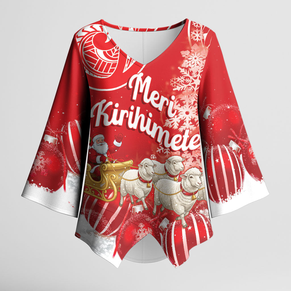 New Zealand Christmas In July Personalised Kimono Sleeve Blouse Funny Santa Sheep Meri Kirihimete Red LT14 Female Red - Polynesian Pride