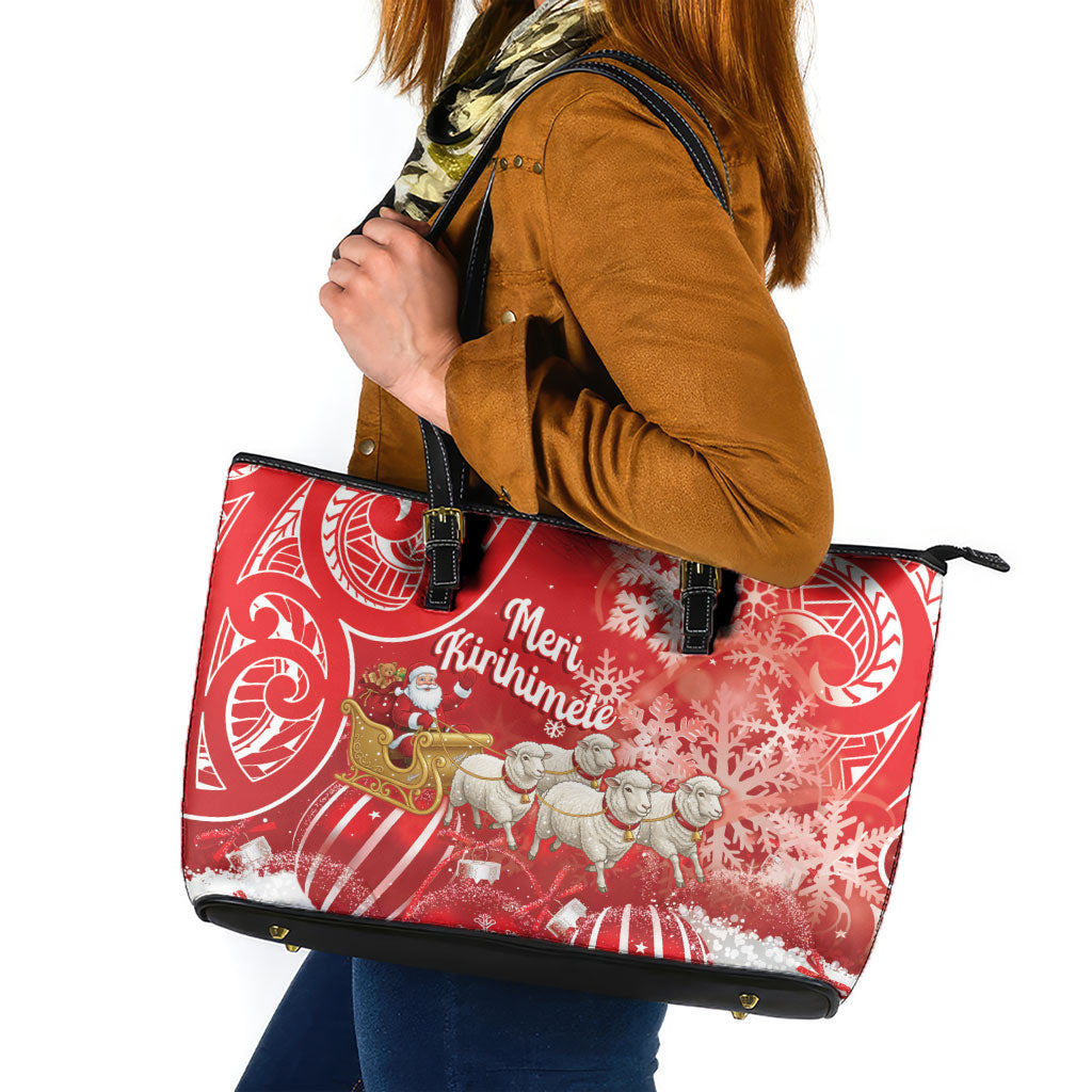 New Zealand Christmas In July Leather Tote Bag Funny Santa Sheep Meri Kirihimete Red LT14 Red - Polynesian Pride