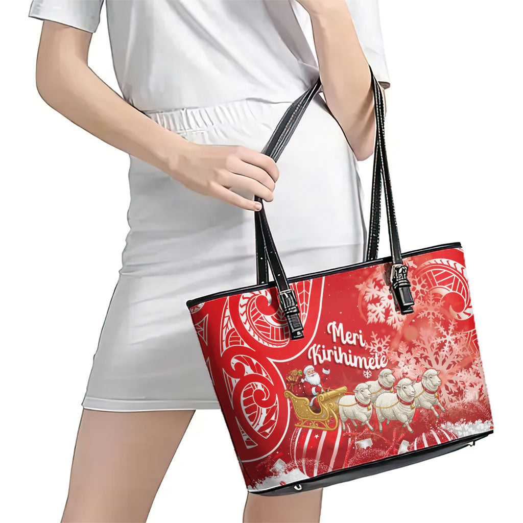 New Zealand Christmas In July Leather Tote Bag Funny Santa Sheep Meri Kirihimete Red LT14 - Polynesian Pride