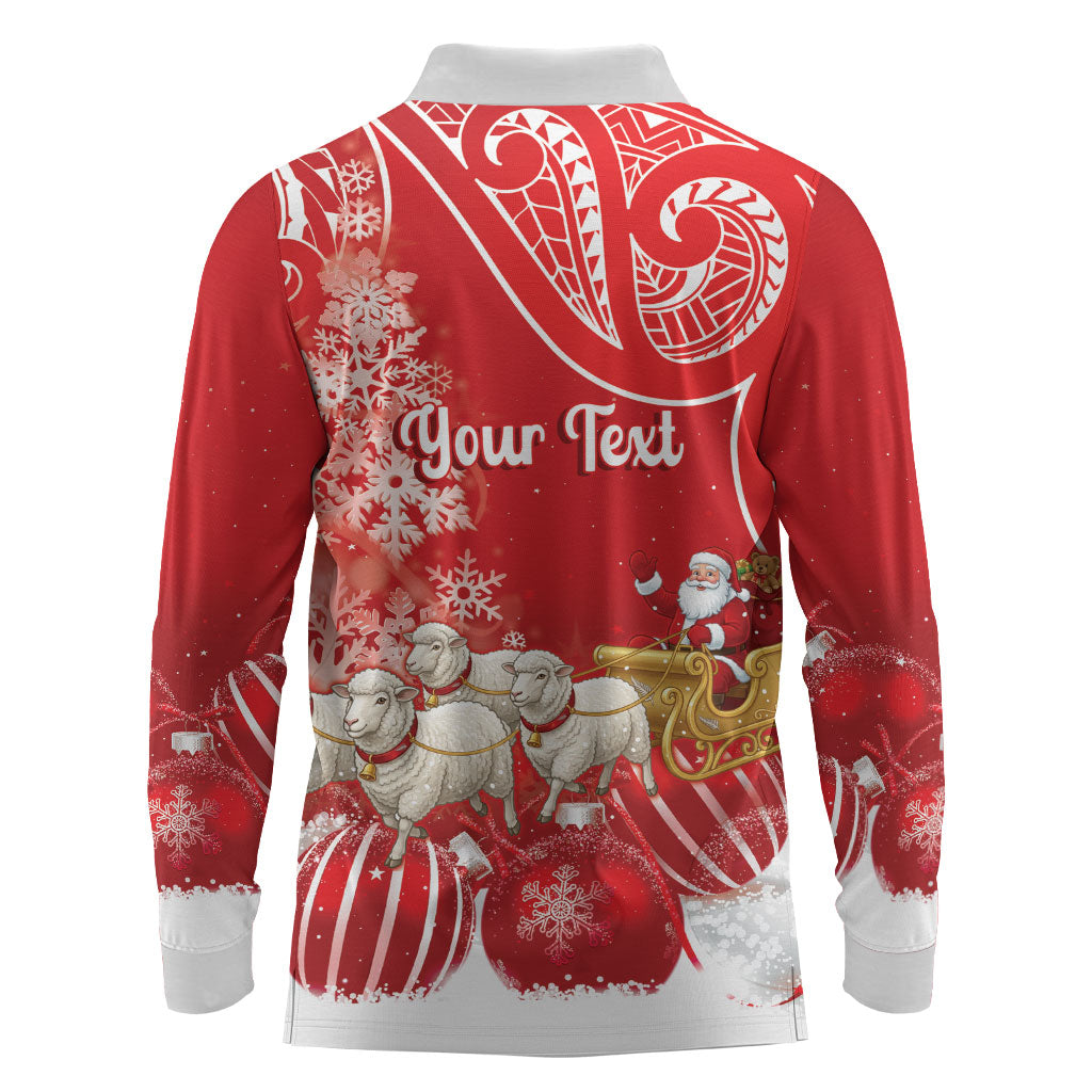 New Zealand Christmas In July Personalised Long Sleeve Polo Shirt Funny Santa Sheep Meri Kirihimete Red LT14 - Polynesian Pride