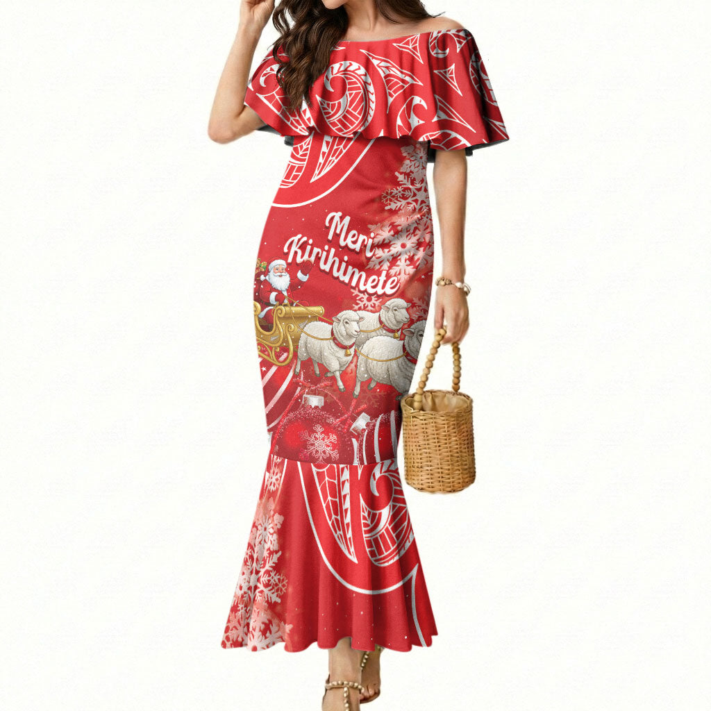 New Zealand Christmas In July Personalised Mermaid Dress Funny Santa Sheep Meri Kirihimete Red LT14 Women Red - Polynesian Pride