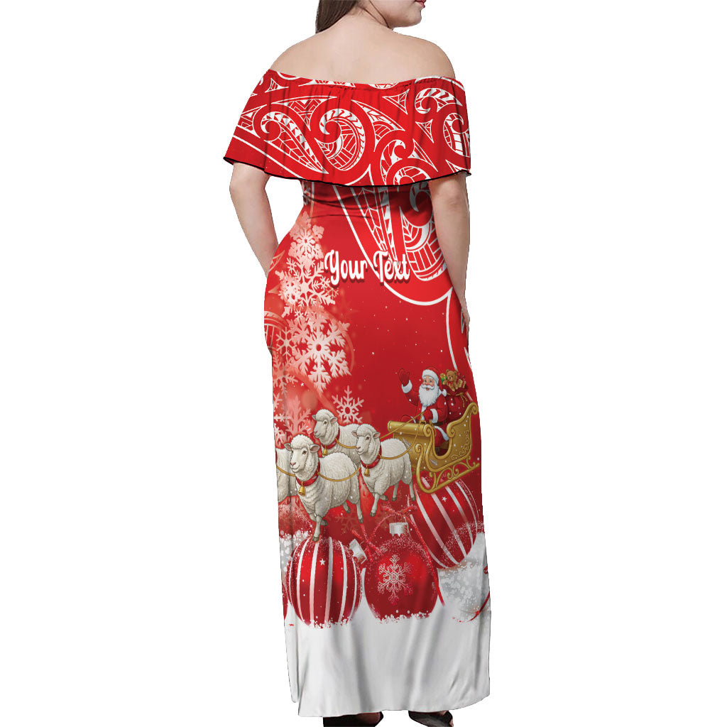 New Zealand Christmas In July Personalised Off Shoulder Maxi Dress Funny Santa Sheep Meri Kirihimete Red LT14 - Polynesian Pride