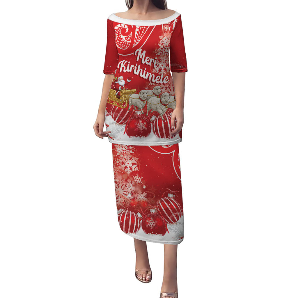 New Zealand Christmas In July Personalised Puletasi Funny Santa Sheep Meri Kirihimete Red LT14 Long Dress Red - Polynesian Pride