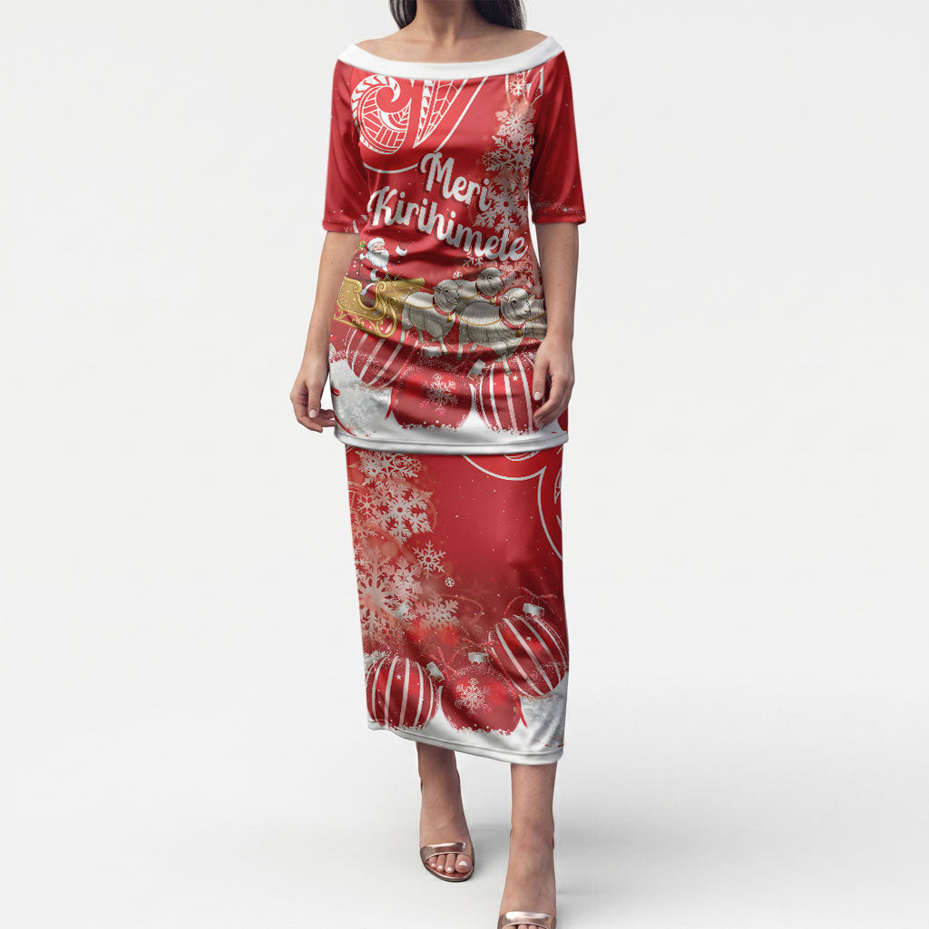 New Zealand Christmas In July Personalised Puletasi Funny Santa Sheep Meri Kirihimete Red LT14 Long Dress Red - Polynesian Pride