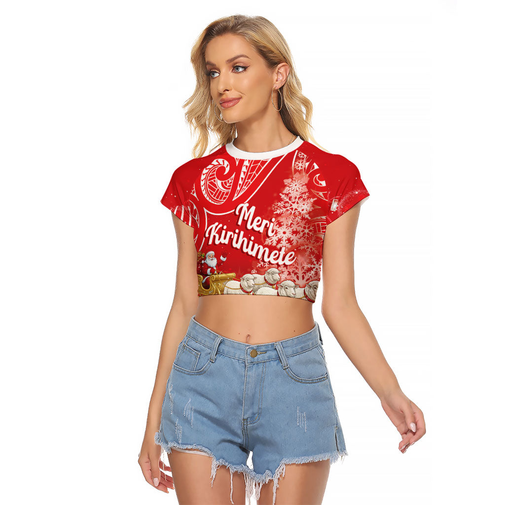 New Zealand Christmas In July Personalised Raglan Cropped T Shirt Funny Santa Sheep Meri Kirihimete Red LT14 Female Red - Polynesian Pride