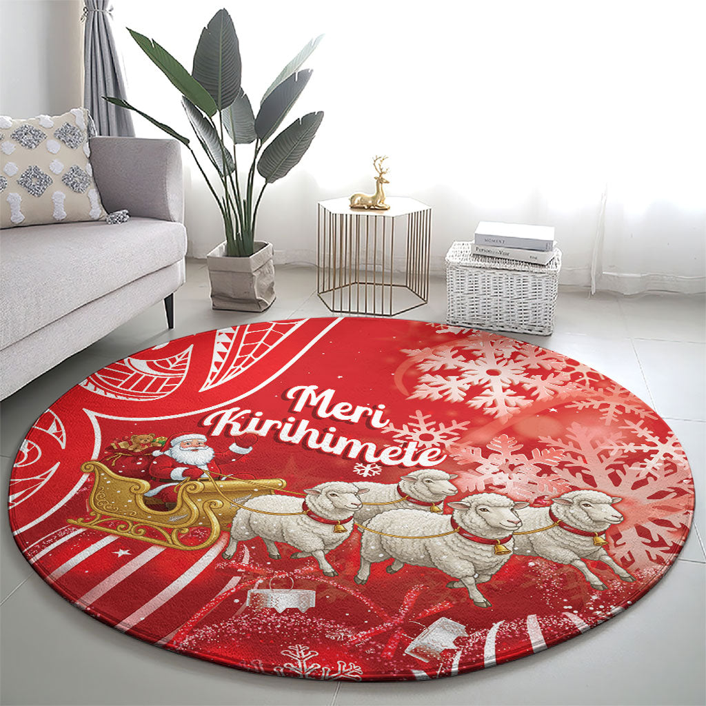 New Zealand Christmas In July Round Carpet Funny Santa Sheep Meri Kirihimete Red LT14 - Polynesian Pride